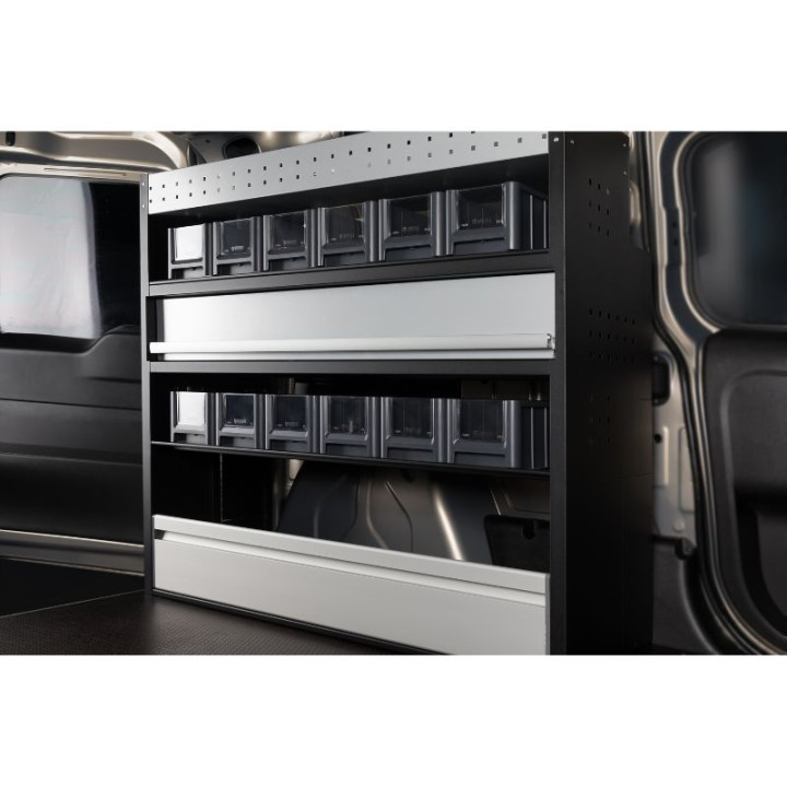 Aménagement PROVAN avec tiroir, étagères et bacs (gauche ou droite) pour Opel Combo 2011-2018 - vue de côté fourgon
