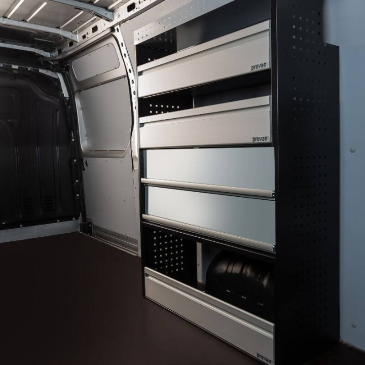 Aménagement PROVAN avec étagères et tiroir (gauche ou droite) pour Fiat Ducato 2006+ - vue de côté utilitaire