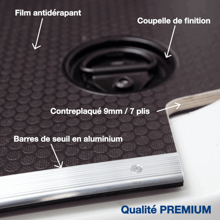 Habillage polypro & bois - Citroën Jumpy Double Cabine - détails plancher contreplaqué antidérapant avec barres de seuil alu